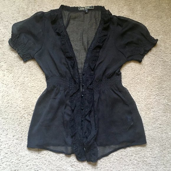 Love Stitch Tops - Love Stitch Small Black Blouse Short Sleeve
